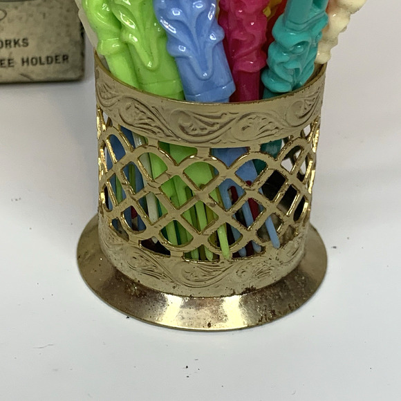 MCM Pick-Ette Pack Appetizer Fork Set 24 Plastic Forks With Gold Tone Holder - Picture 5 of 8